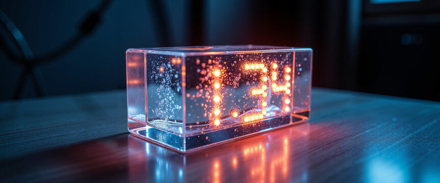 Clear digital clock displaying time in glowing orange lights on table  