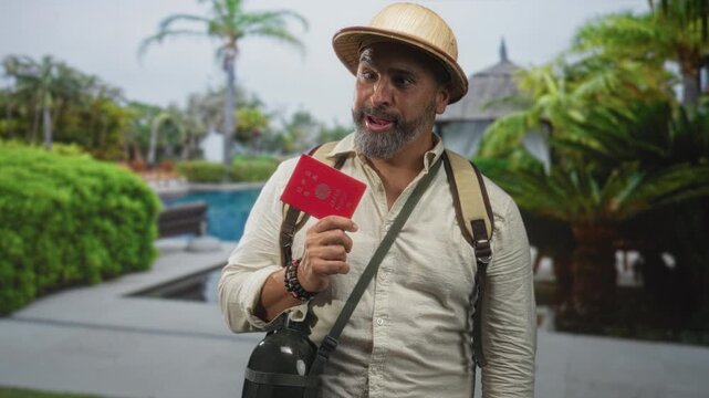 Man holding red passport and oxygen tank at pool building, holding card up to camera with pith helmet and backpack; adventure travel playful.