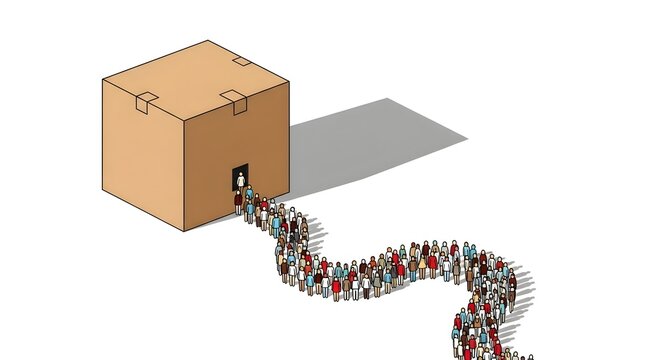 People queue to enter cardboard box, conceptual illustration of conformity, consumerism, groupthink, or immigration challenges and societal issues