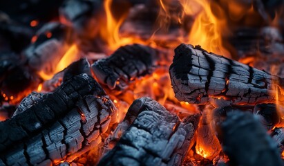Fototapeta premium Glowing Embers and Bright Flames Create a Warm Atmosphere at Night