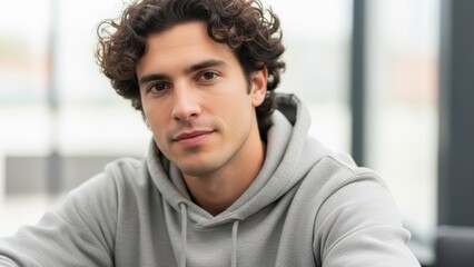 Obraz premium Young caucasian male in gray hoodie looking thoughtful indoors
