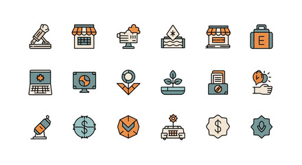 A collection of 18 colorful flat-style icons featuring various objects like a microscope, shops, a laptop, and a hand with an idea. These icons are in a simple, outlined style with pastel hues