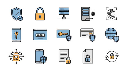 A collection of simple, colorful icons representing digital security and data protection concepts, including padlocks, shields, server racks, and network symbols