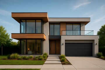 Luxury modern home with large glass windows and wooden panels in contemporary architectural style