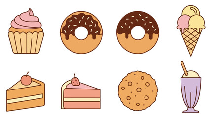 A colorful assortment of sweet treats including a cupcake, donuts, ice cream, cake slices, a cookie, and a milkshake. Each illustrated in a simple, flat design style