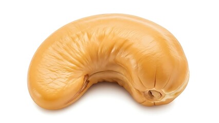 A single, golden-tan cashew nut showcasing its smooth texture and clean separation from the white background.