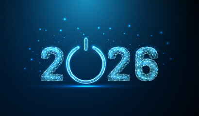 Number 2026 with a blue power button. Digital technology, innovation, startup, energy activation, ai, new beginning, start of new technological era concept.