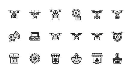 A collection of line icons featuring drones, shop fronts, and abstract symbols, rendered in a simple, flat design style. The icons are mostly black outlines with some colored fills