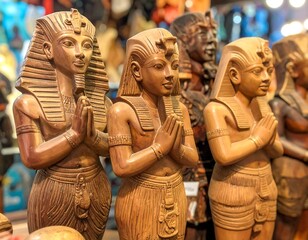 Carved wood Egyptian pharaoh statuettes sit in a line, hands together, with warm lighting
