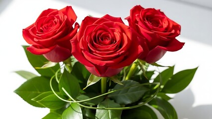 Obraz premium Classic symbol of passion: three fully bloomed red roses isolated on a clean, bright white background.