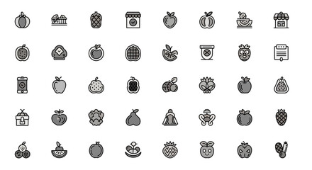 A collection of fruit icons in a gray-scale, outline style. Includes various types, store, and related items. Ideal for digital interface design or educational material