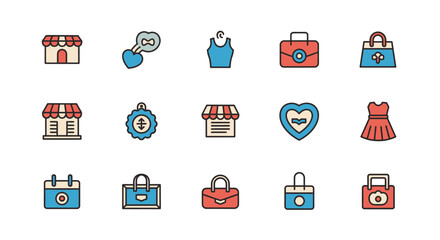 A set of colorful vector illustrations of shop fronts, keys, clothing, bags, hearts, and a calendar. Simple and flat design with bold outlines