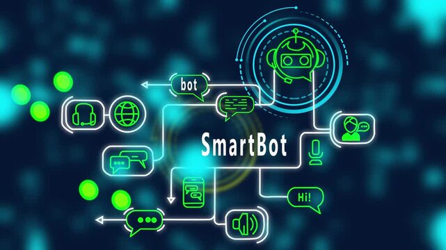 ChatGPT futuristic AI assistant interface animation featuring neon communication paths, smart chatbot icons, digital network flow, modern tech diagram, virtual interaction system design for advanced 
