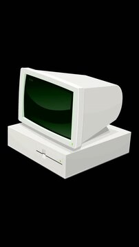 Looping animation of a vintage 1980s/90s  3D desktop computer. The screen displays a blinking DOS C:> prompt. Isolated on green screen with alpha channel. (Vertical)
