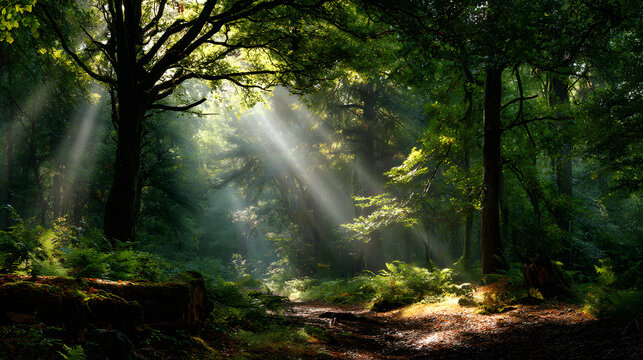 Gentle sunlight filtering through leaves creating calm and introspective forest mood 