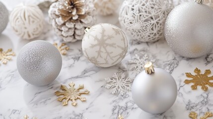 Elegant Silver and White Christmas Decorations on a Marble Surface