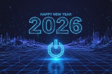 2026 New Year with glowing blue power button in low poly digital wireframe vector illustration