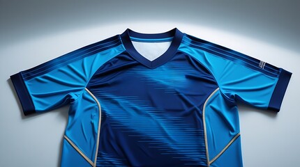 Photo of a soccer jersey laid flat with sleeves slightly curved upwards, showcasing a gradient cyan to blue color effect, breathable mesh inserts strategically placed for ventilation.