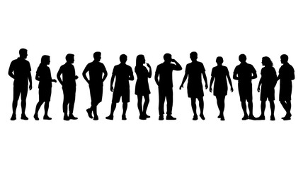 Diverse group of people silhouettes standing in a line, isolated on white, representing community, teamwork, and human connection in modern society.