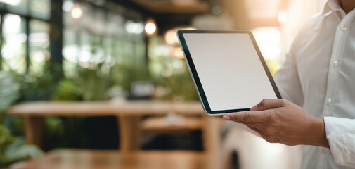 The Tablet Held by Professional Hands in a Bright Modern Office Cafe Workspace