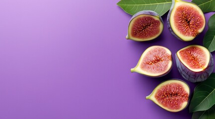 Fresh Figs Cut Open With Vibrant Purple Background and Leafy Accents