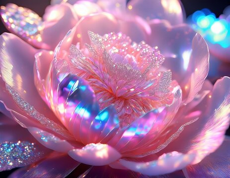 beautiful glitter iridescent light close up 3d pink peony crystal flower wallpaper background