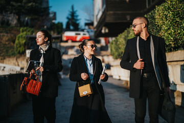 Three young coworkers stroll along an urban street, chatting and planning. They carry documents, folders, and bags, dressed in smart coats, signaling a busy, collaborative workday.
