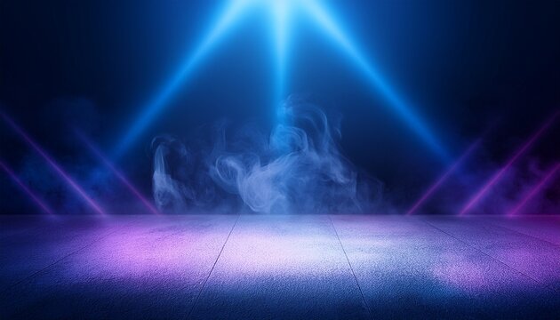 empty dark scene neon light spotlights the concrete floor and studio room with smoke float up the interior texture for display products