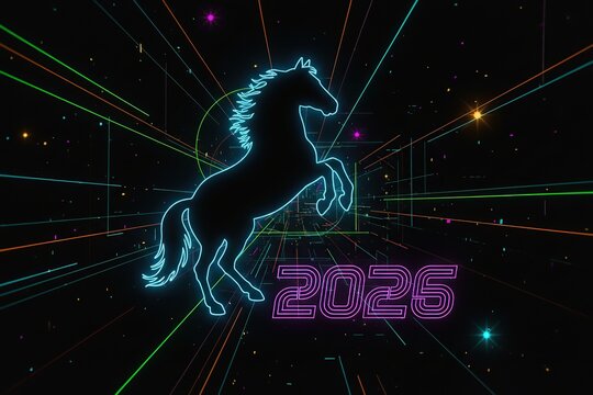 Black horse silhouette and 2026 typography, neon glow effects, dark contrasting background, futuristic light lines, vibrant highlights