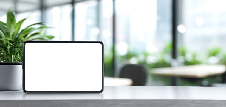 The Tablet with Blank Screen on Modern Office Desk with Indoor Plants - Powered by Adobe