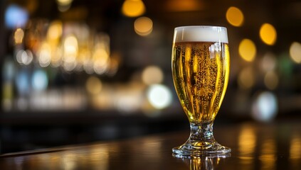 Golden Beer on a Wooden Table in a Cozy Bar With Warm Lighting in the Evening