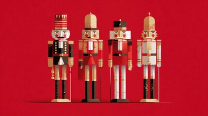 Four minimalist nutcracker soldiers in bold red and gold colors.