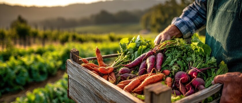 The Crate of Fresh Carrots and Radishes in a Farmer's Hands at Sunset