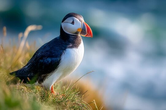 Puffin standing on grass near the ocean in summer light