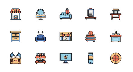 A set of colorful flat design icons. Subjects include furniture, displays, a market, a screen, and a target. Rounded edges, thick outlines