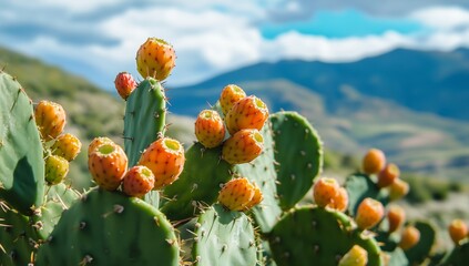 Cacti With Colorful Fruit Against a Mountainous Landscape Under a Bright Blue Sky