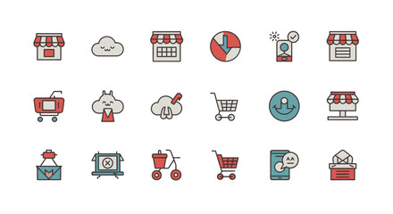 A collection of simple, colorful icons depicting e-commerce themes. These include store fronts, cloud computing symbols, shopping carts, smartphone interactions, and delivery notifications