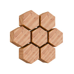 Seven Wooden Hexagon Blocks Isolated, Arranged in Modular Honeycomb Structure Pattern, Ecological Natural Light Wood Geometry Cutout Object with Transparent Background, 3D Studio Shot.