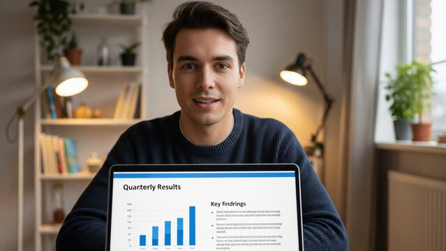 Smiling man holding laptop with quarterly results on screen showcasing charts and graphs with key findings in front of bookshelves at home - Powered by Adobe