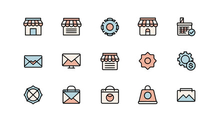 Collection of vector icons representing a shopfront, gear, mail, bag, calendar, and image.  Icons in a flat, linear style. They use pastel colors like peach, blue, and beige with a thin black outline