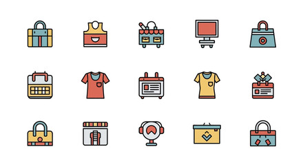 A colorful collection of flat-style icons featuring various objects like bags, clothing, a monitor, calendar, and more. A few items are repeated, displaying different color schemes and styles