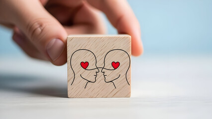 Hand holding wooden block with kissing couple drawing and heart eyes