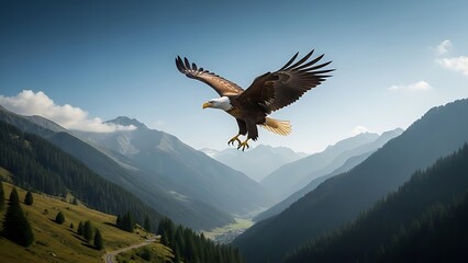 Majestic eagle soars gracefully above a lush green mountain valley under a clear blue sky