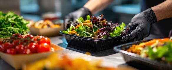 Obraz premium The Salad Packed Into Black Takeaway Container by Gloved Hands