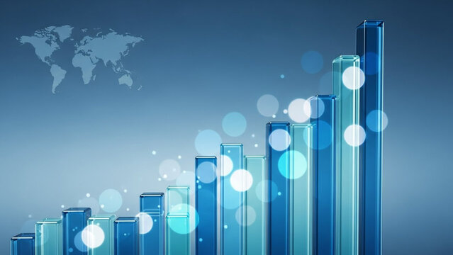 Blue Glass Growing Bar Chart with World Map in Background Global Business or Financial Growth and Success Concept with Rising Bar Graph and Blue Color - Powered by Adobe