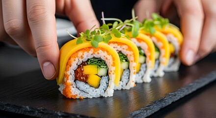 a row of colorful mango sushi rolls topped with microgreens being held by fingers on a dark slate board for japanese restaurant menus, healthy food blogs, gourmet cooking articles, and catering servic