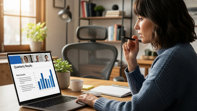 Businesswoman Attending Virtual Conference on Laptop Computer While Working from Home Looking at Quarterly Results of Financial Reports