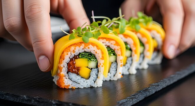 a row of colorful mango sushi rolls topped with microgreens being held by fingers on a dark slate board for japanese restaurant menus, healthy food blogs, gourmet cooking articles, and catering servic
