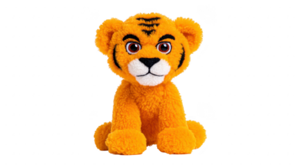 Plush tiger toy orange fur black stripes white muzzle cute face sitting position soft texture children stuffed animal isolated background
