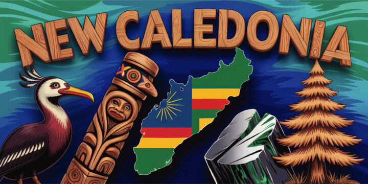 Colorful New Caledonia travel illustration with island map, tropical bird, Kanak totem, pine tree and gemstone on blue ocean background